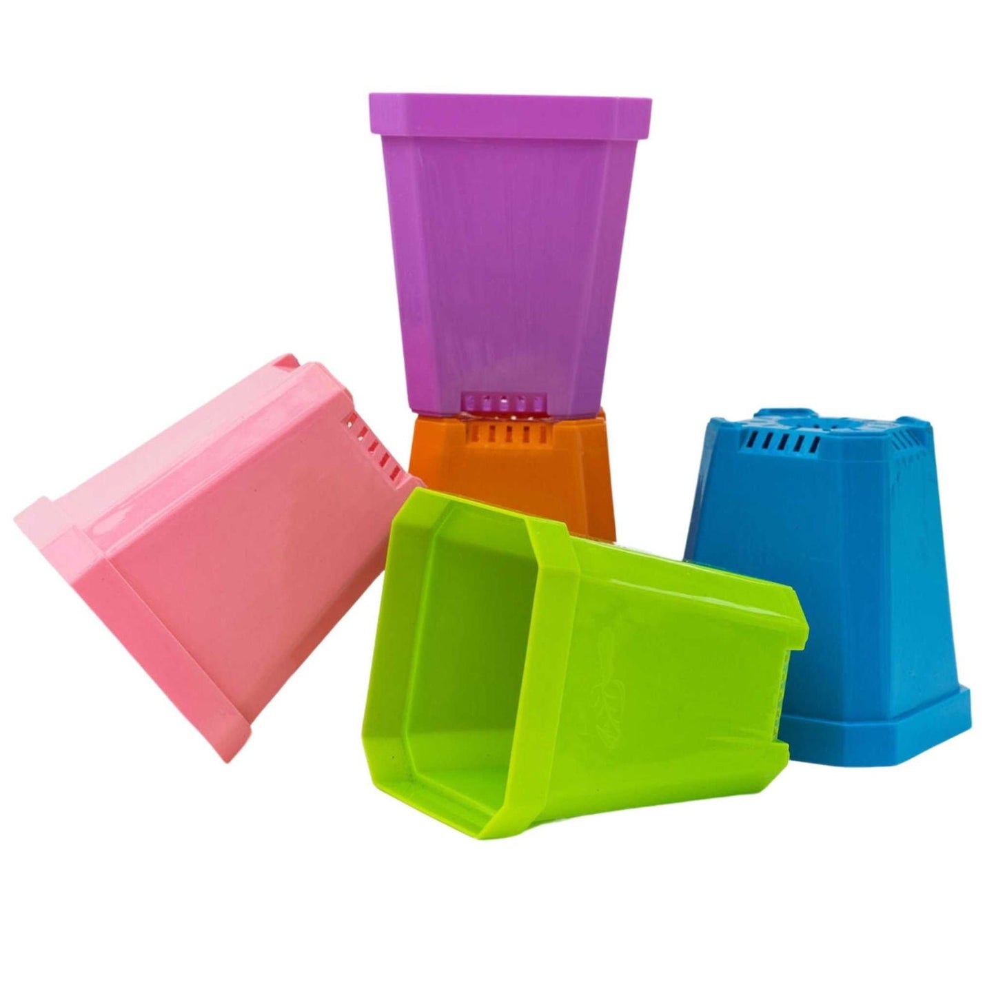 Eight multicolor 5-inch heavy-duty seed starting pots by Bootstrap Farmer arranged in a row.