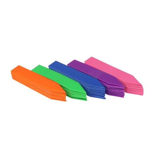 Set of 100 multicolor plant labels for seedling identification, made by Bootstrap Farmer, displayed in a holder.