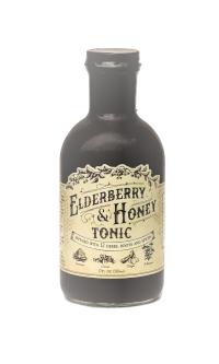 Small bottle of Elderberry and Honey Tonic by Roots and Leaves LLC, with a label featuring elderberries and honey imagery.