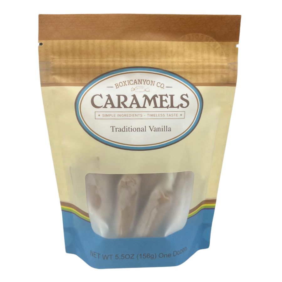 Two boxes of Boxicanyon Vanilla Caramels with 12 caramels each, showcasing the packaging and caramel treats inside.