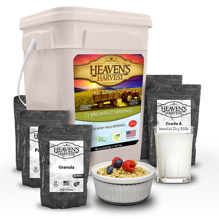 Heaven's Harvest breakfast emergency food bucket for 1 person, 104 servings, ideal for 1 month of survival preparedness.