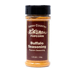 Amish Country Store Buffalo Popcorn Seasoning on Amish Popcorn, featuring a spicy buffalo flavor in a colorful container.