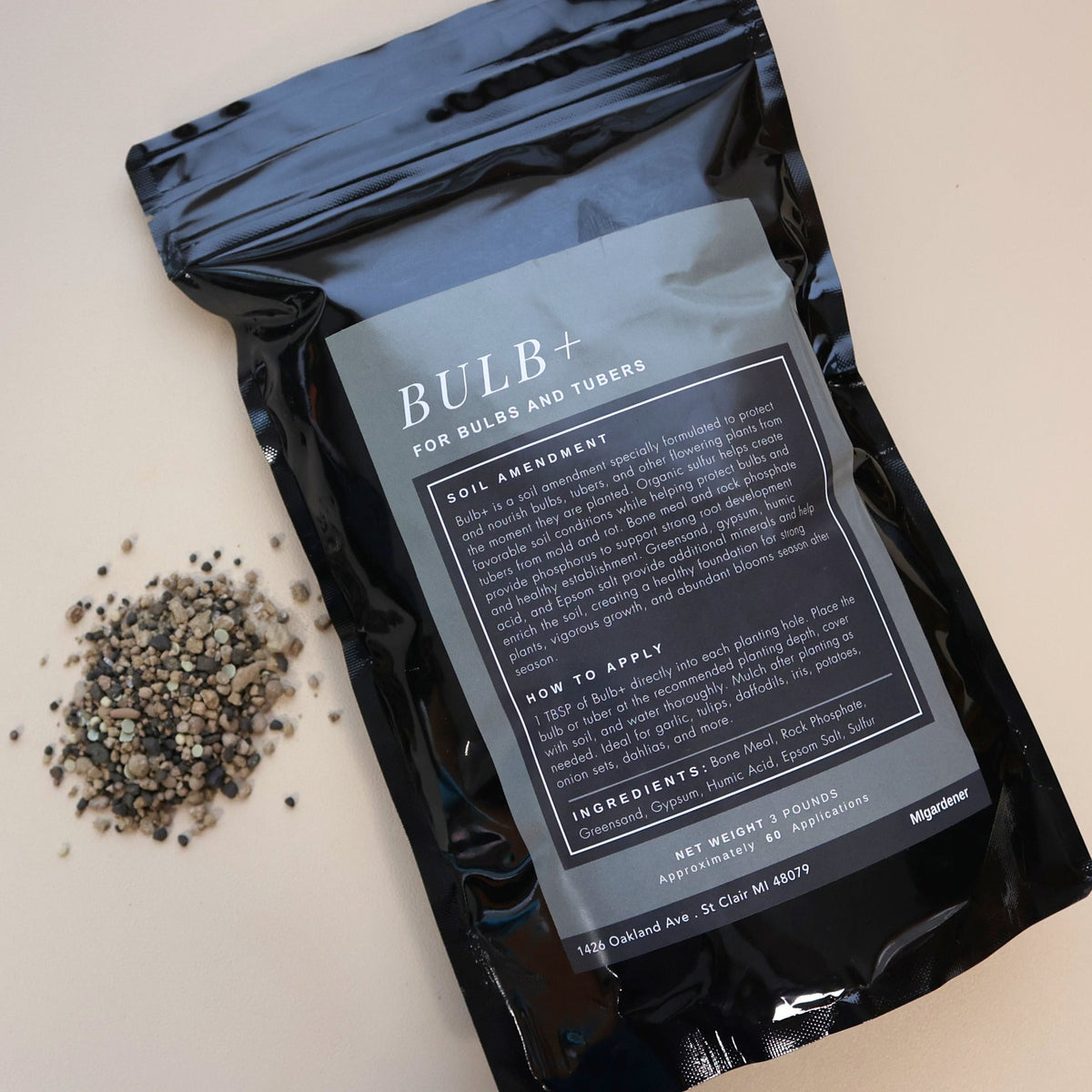 MIgardener Bulb+ Fertilizer 3lb bag showing a close-up of the fertilizer granules and packaging for healthy bulb growth