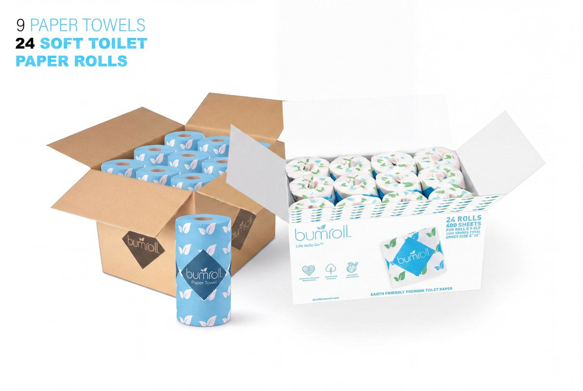 Join Bumroll bamboo toilet paper and paper towels, showcasing eco-friendly packaging and natural plant-based materials.