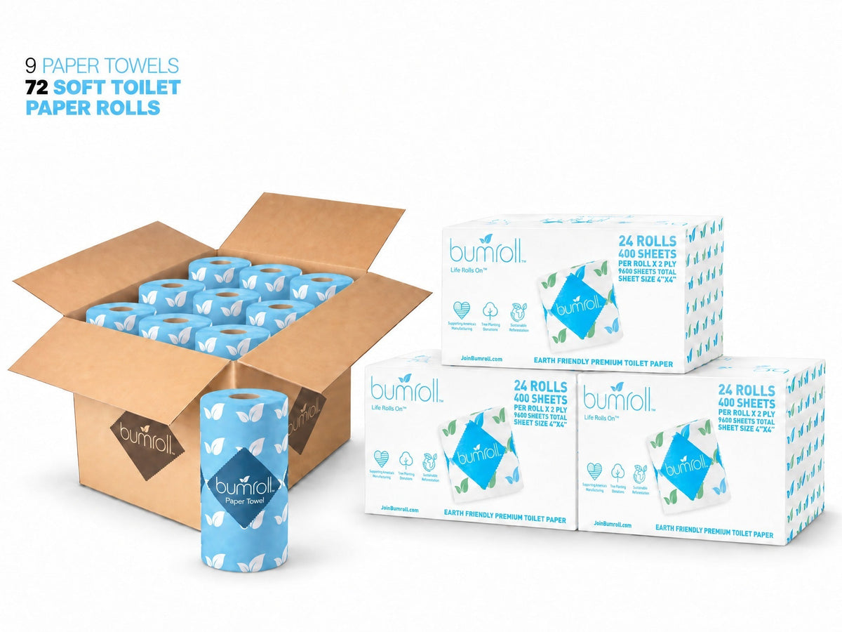 Join Bumroll bamboo toilet paper and paper towels bundle, eco-friendly packaging with lush bamboo texture and roll details.