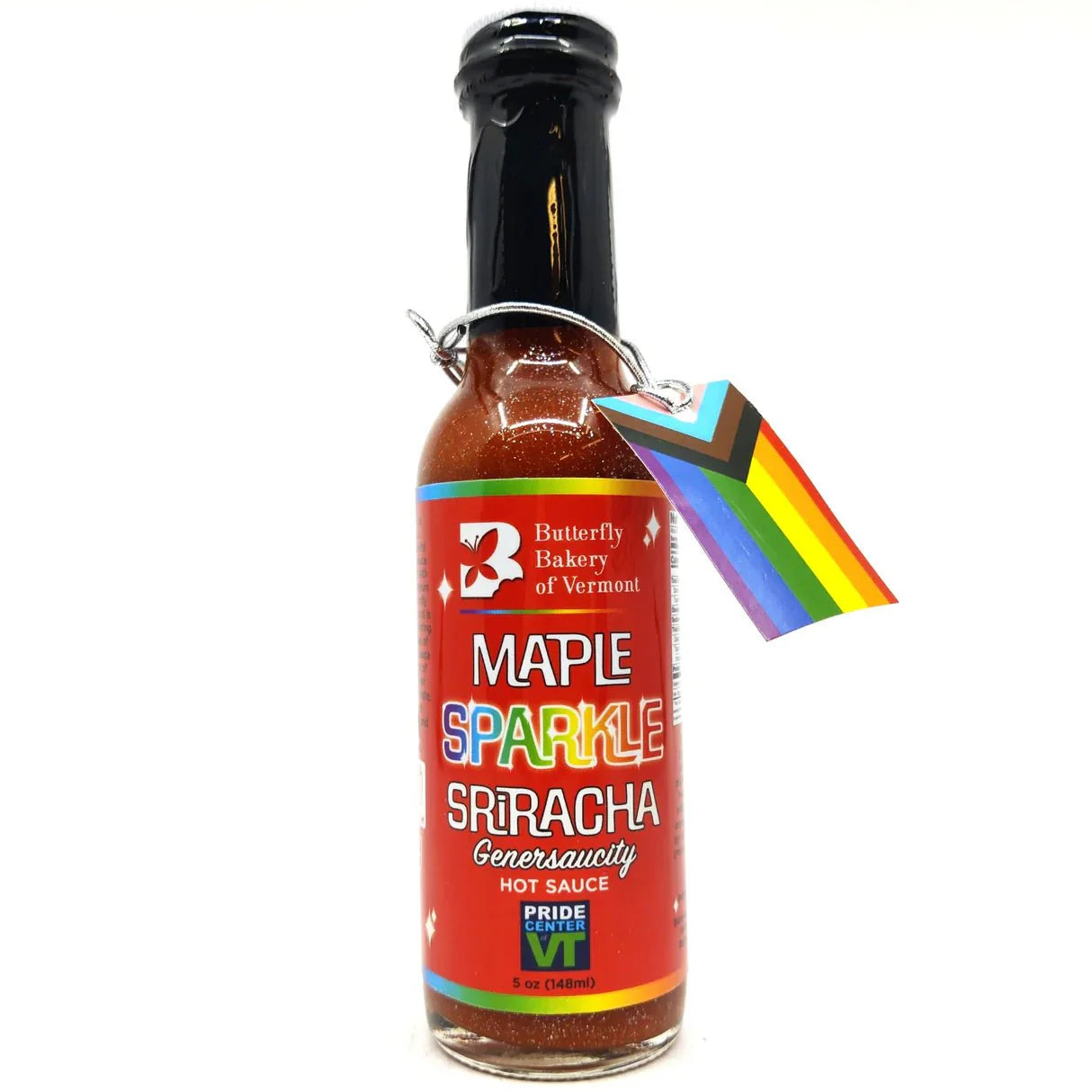 Vermont Maple Sparkle Sriracha hot sauce by Butterfly Bakery in a 5 oz bottle, featuring vibrant red chili and maple flavor details.