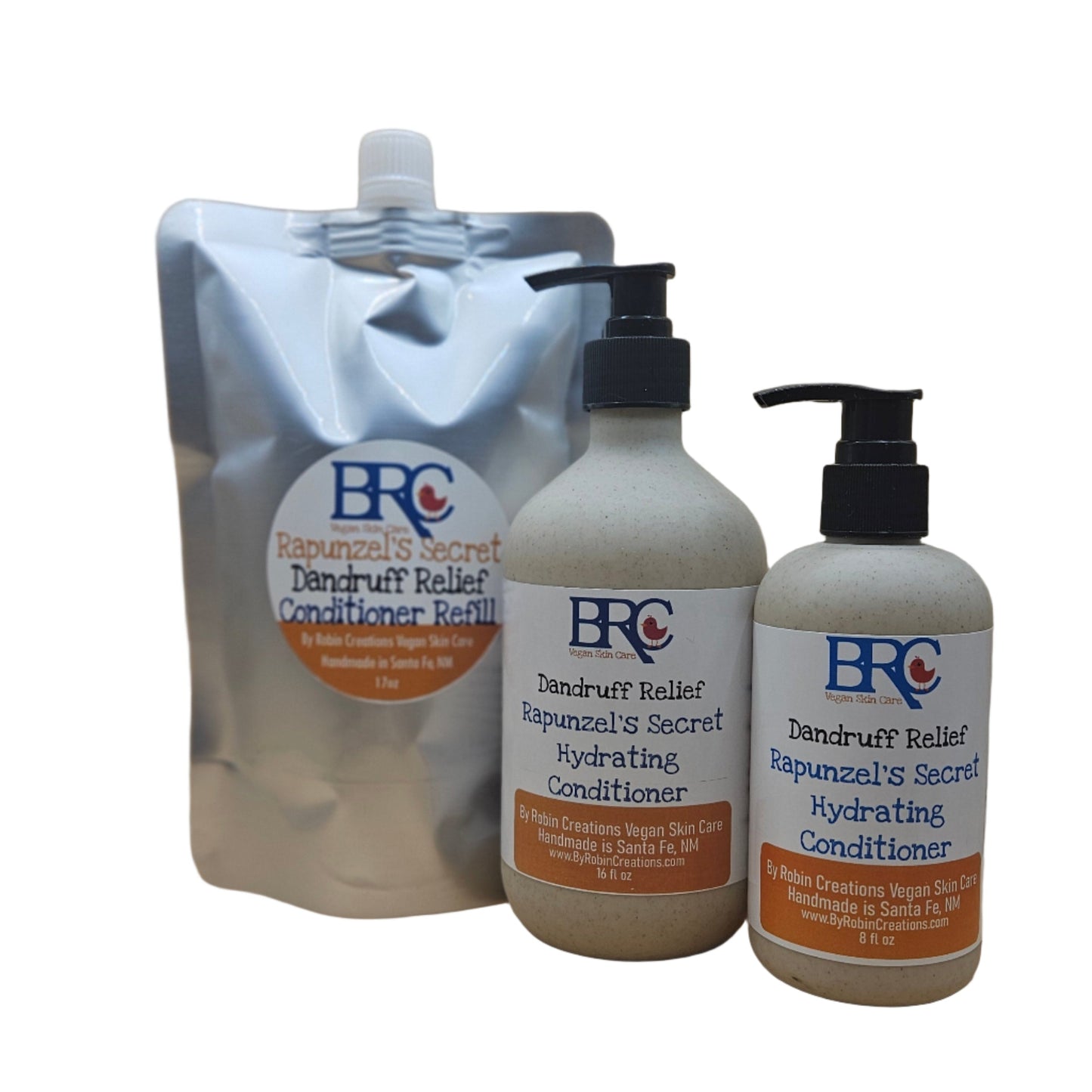 By Robin Creations liquid dandruff relief hair conditioner in an 8 oz biodegradable pump bottle, ready for use.