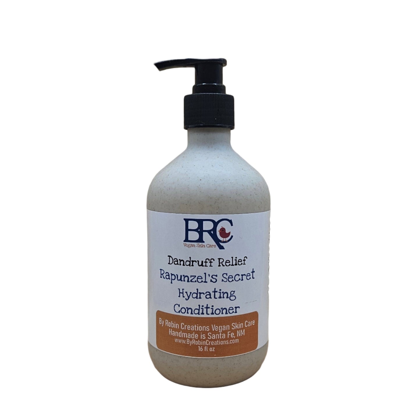 By Robin Creations Liquid Dandruff Relief Hair Conditioner in biodegradable pump bottle, showing the 8 oz conditioner bottle.