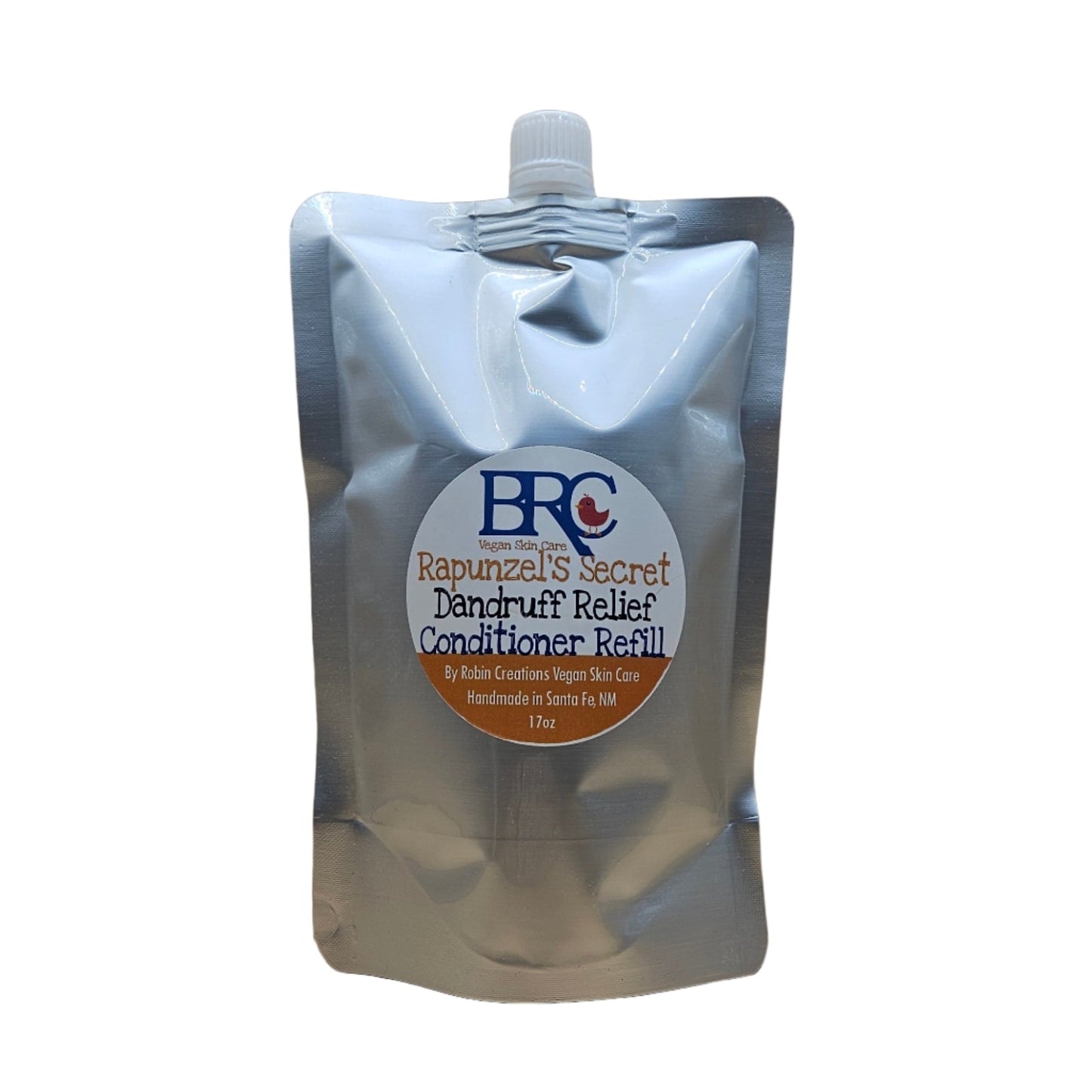 By Robin Creations Liquid Dandruff Relief Hair Conditioner in 8 oz biodegradable pump bottle, shown with pump dispenser and conditioner bottle