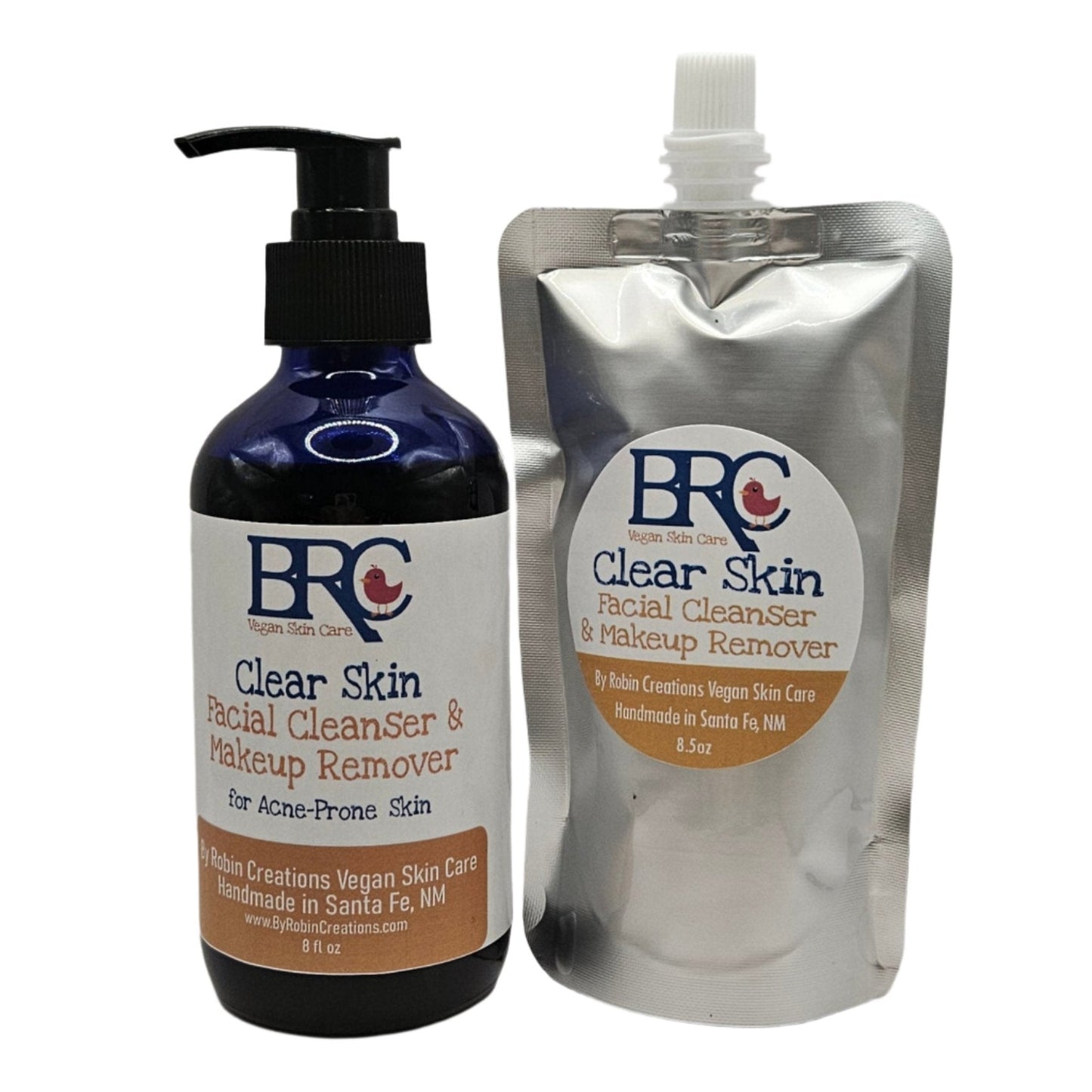 By Robin Creations facial cleanser and makeup remover pads for acne-prone skin, organic cotton pads with 8oz liquid in glass pump bottle