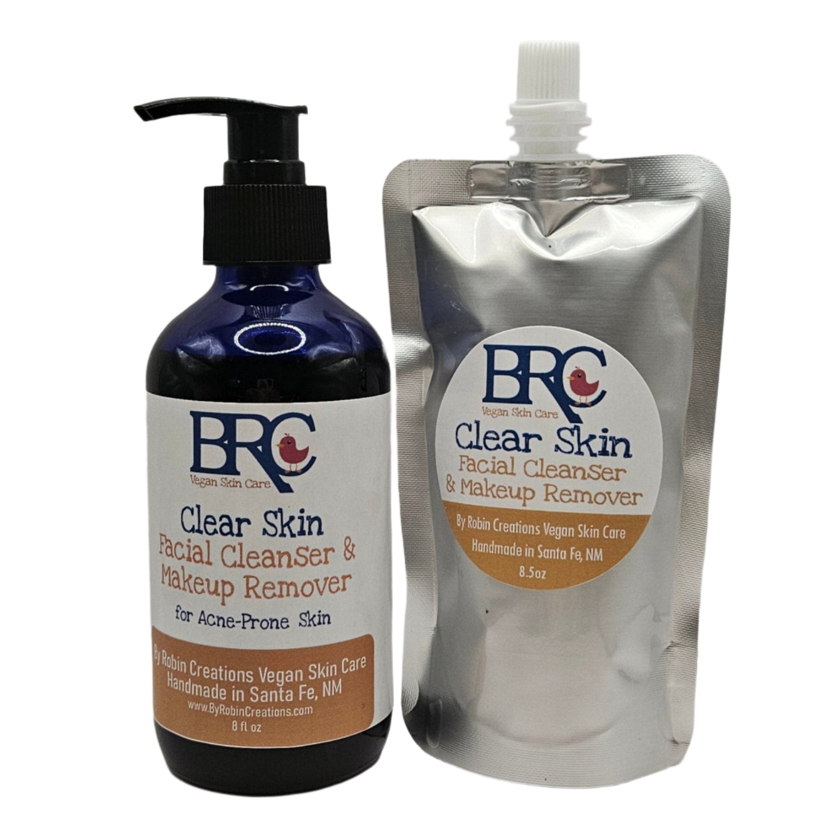 By Robin Creations facial cleanser and makeup remover pads for acne-prone skin, organic cotton pads with 8oz liquid in glass pump bottle