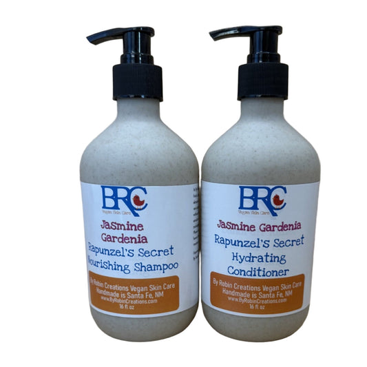 By Robin Creations Rapunzel's Secret Liquid Shampoo & Conditioner set in biodegradable bottles, featuring winter blend with balsam pine.