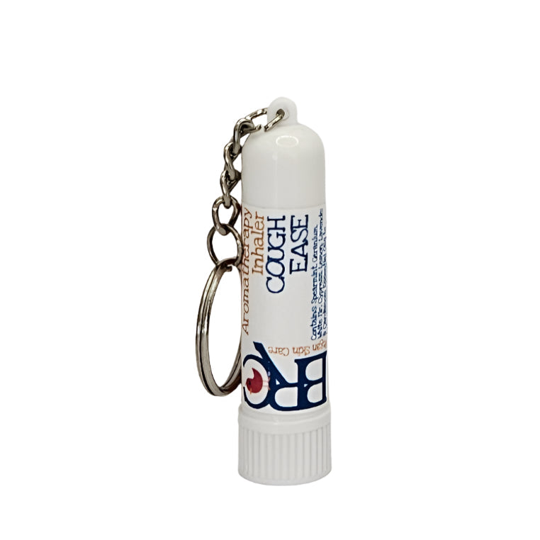 By Robin Creations Cough Ease Aromatherapy Inhaler attached to a keychain, designed for massage and relaxation.