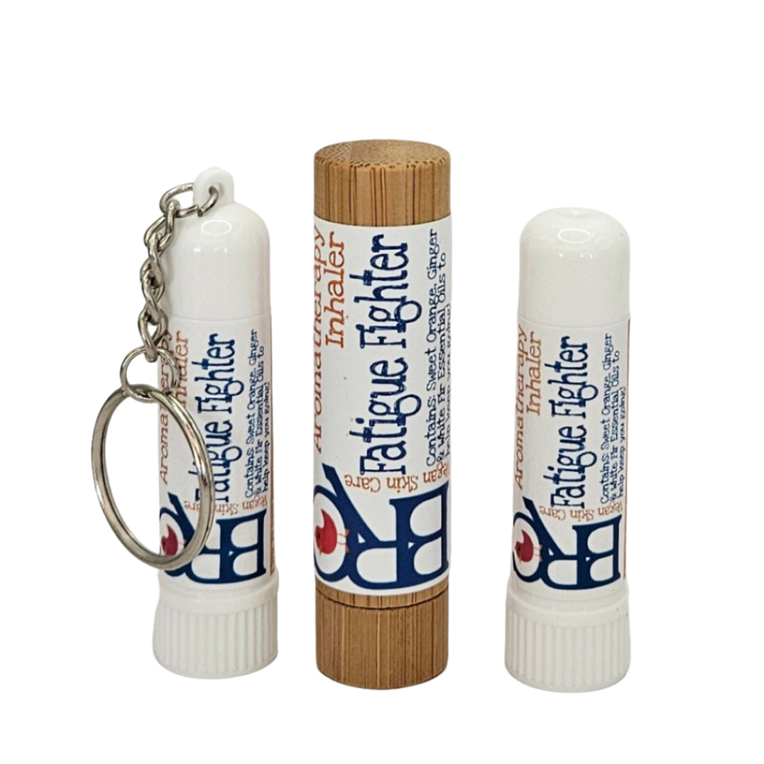 By Robin Creations fatigue fighter aromatherapy inhaler in plastic case, designed for massage and relaxation.