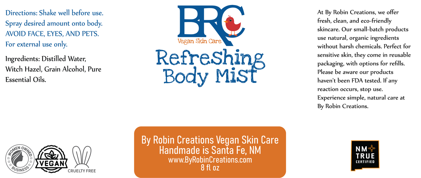 By Robin Creations essential oil body mist in a frosty balsam pine scent, 3.4 oz glass bottle, light and refreshing perfume for all-day freshness.