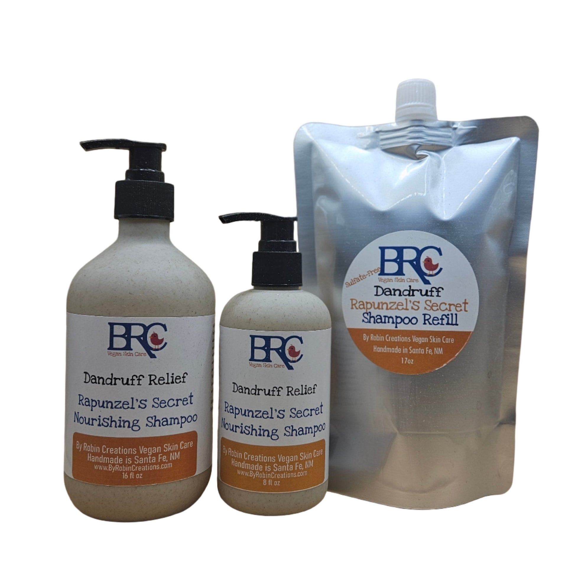 By Robin Creations Liquid Dandruff Relief Shampoo in an 8 oz biodegradable pump bottle, showing the shampoo bottle with label.