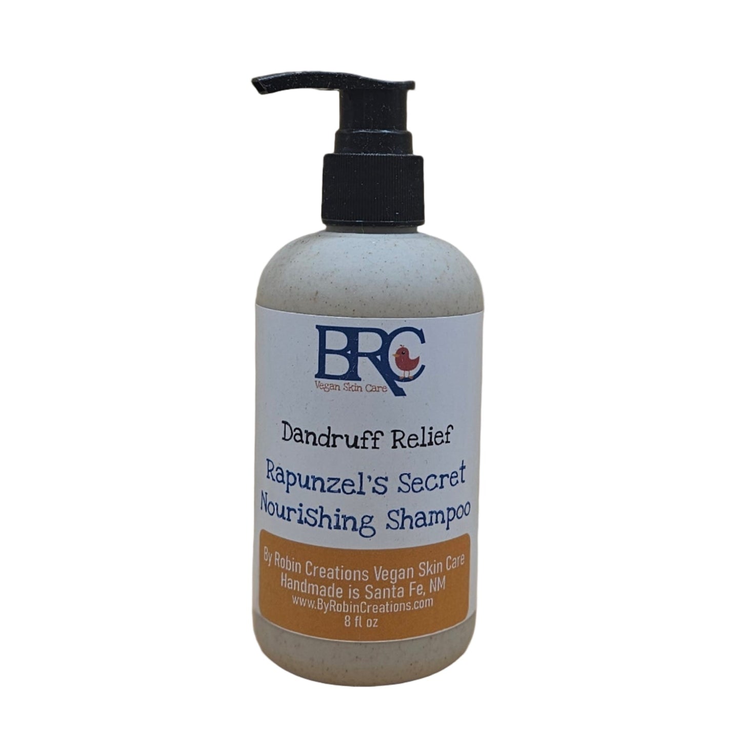 By Robin Creations liquid dandruff relief shampoo in biodegradable pump bottle, 8 oz, with clear label and sleek design.