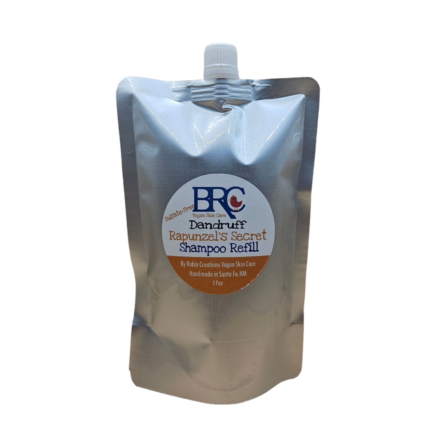 By Robin Creations Liquid Dandruff Relief Shampoo in 8 oz biodegradable pump bottle, showing the shampoo bottle with label.