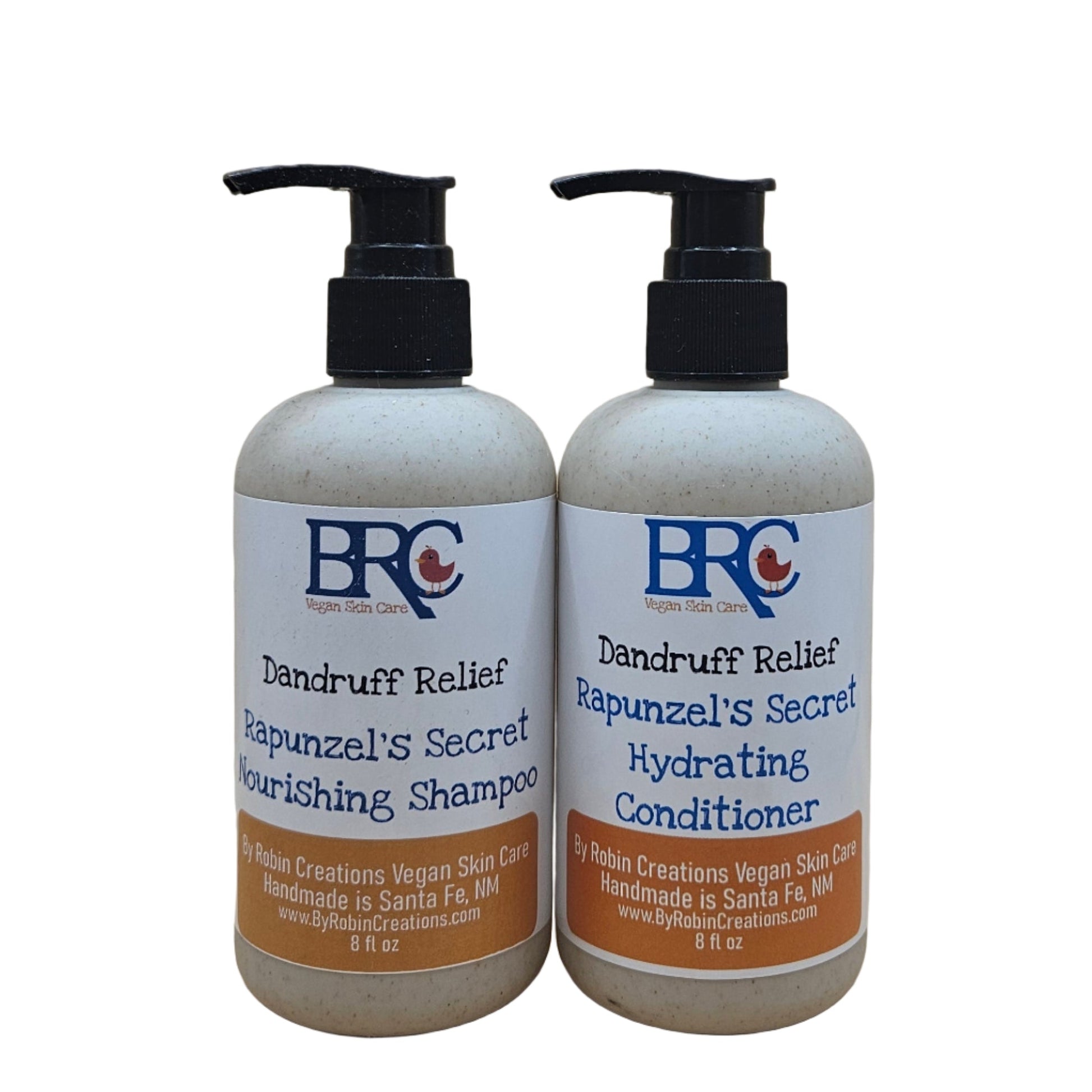 By Robin Creations dandruff relief liquid shampoo and conditioner set in biodegradable pump bottles, showing the bottles and labels.