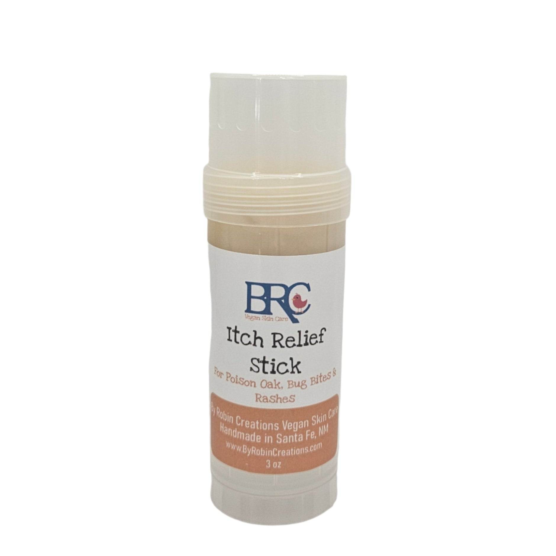 By Robin Creations bug bite and rash itch relief stick in a plastic tube, designed for soothing skin irritation and itching.