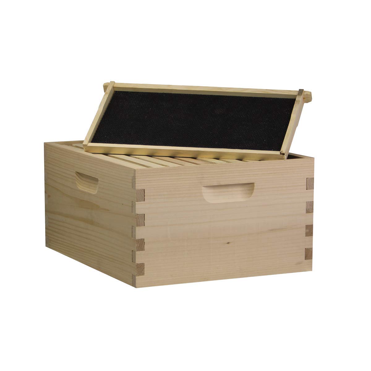 Unassembled 10-frame deep brood box with frames and foundations for beekeeping, made by Galena Farms.