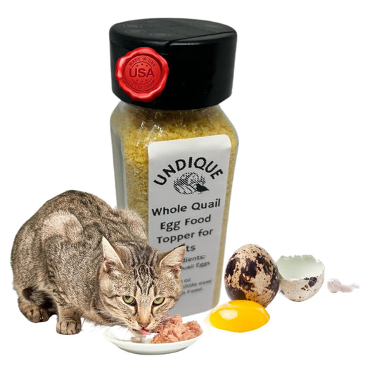 High-protein Quailicious Boost cat food topper with freeze-dried quail eggs, designed for digestive health and grain-free nutrition.