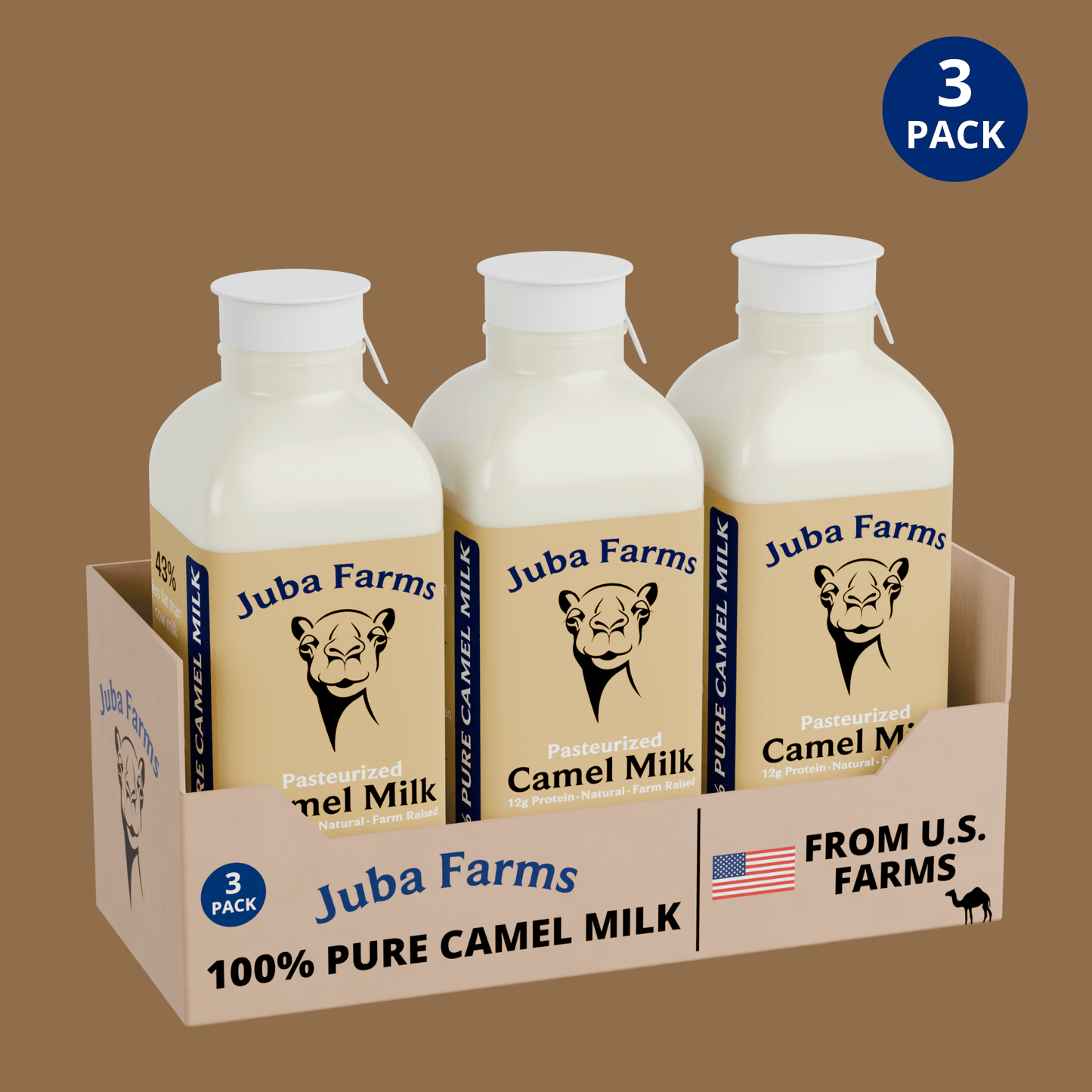 16 oz jar of Juba Farms camel milk, showcasing fresh, creamy camel milk in a clear jar with a natural backdrop.