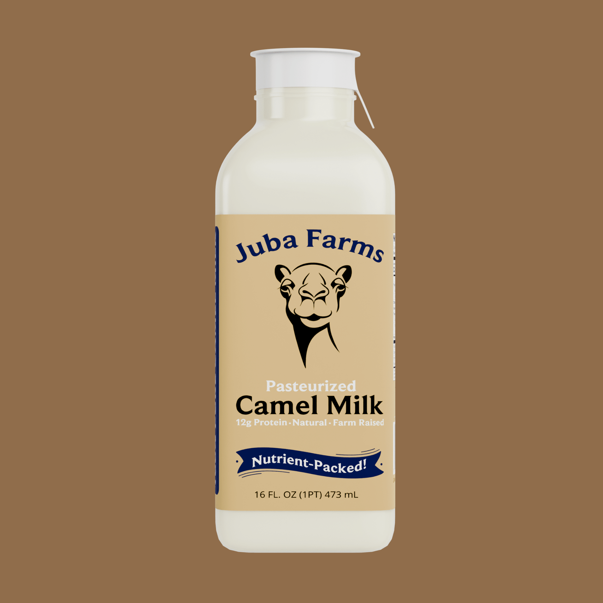 Fresh 16 oz jar of camel milk from Juba Farms, showcasing creamy, natural camel milk in a clear glass bottle.
