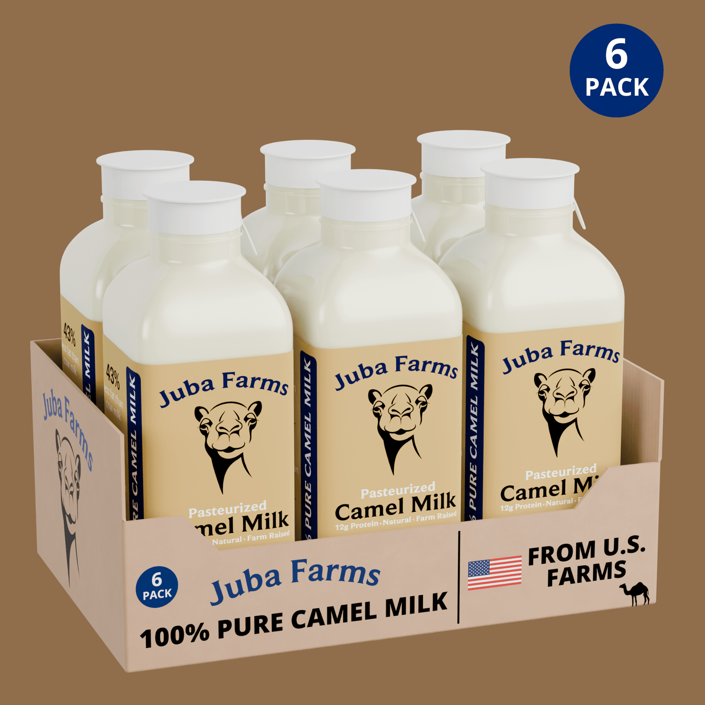 16 oz jar of fresh camel milk from Juba Farms, showcasing the creamy milk in a clear glass bottle with a white cap.