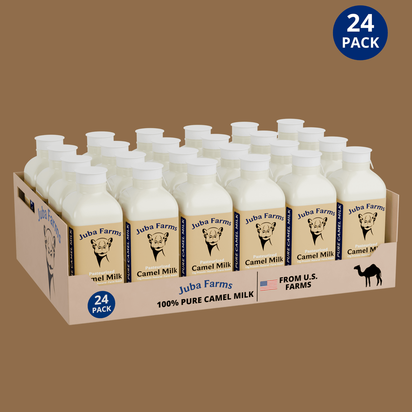 16 oz bottle of Juba Farms camel milk showing the label and clear liquid in a glass bottle.
