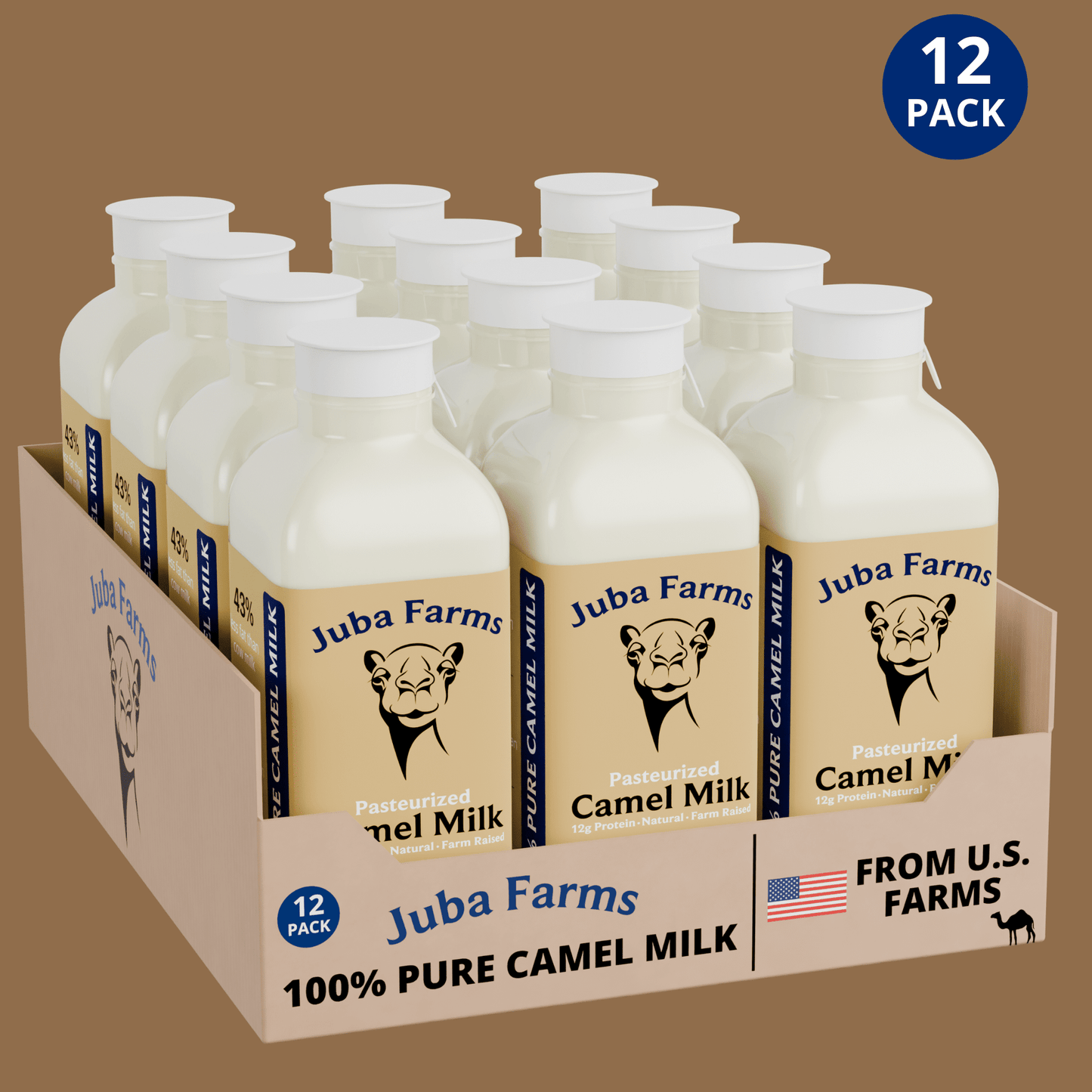 16 oz jar of fresh camel milk from Juba Farms, showing the creamy milk in a clear glass bottle with a simple label.