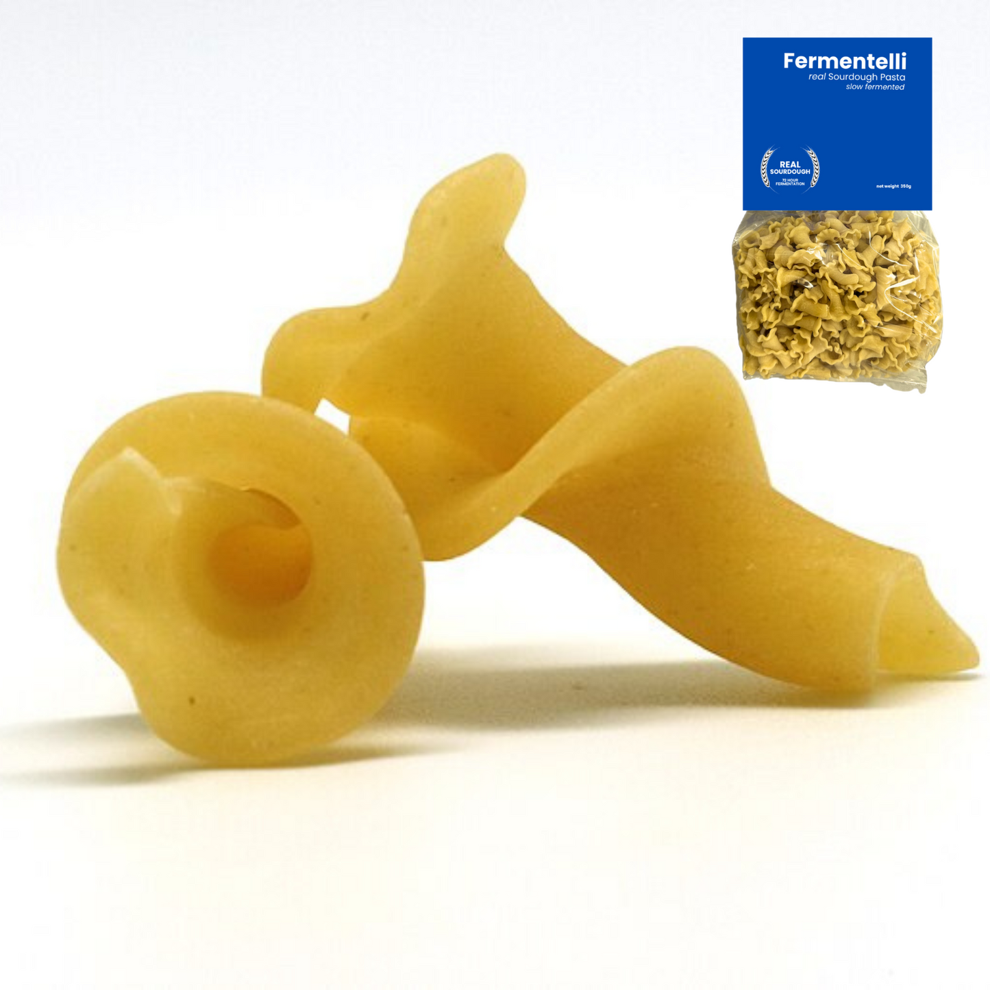 Fermentelli Sourdough Pasta Campanelle, 2-pack, showing golden, ridged pasta shapes in a clear view.