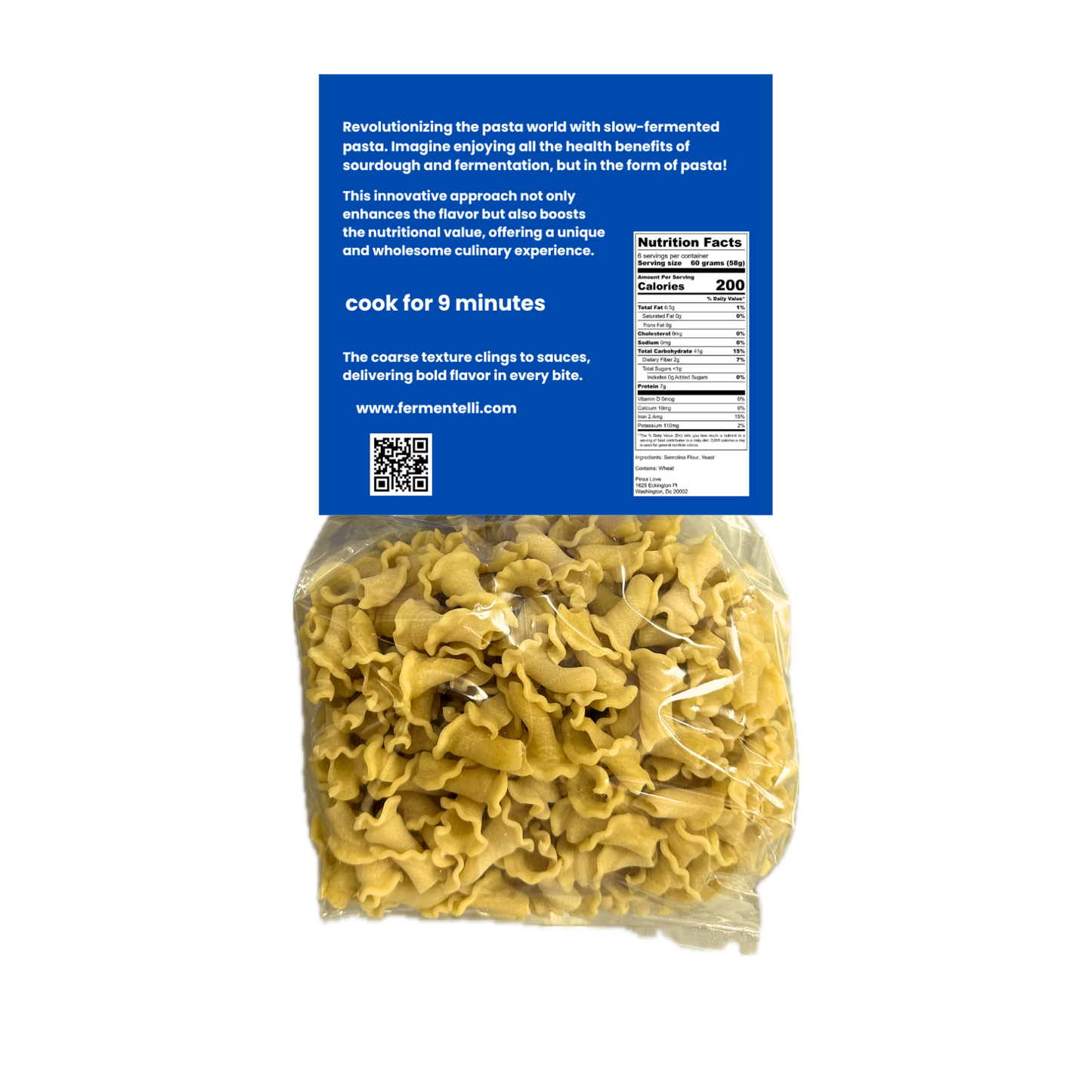 Fermentelli Pasta sourdough campanelle pasta, 2-pack, showing the back side of the pasta with ridged, bell-shaped surface.