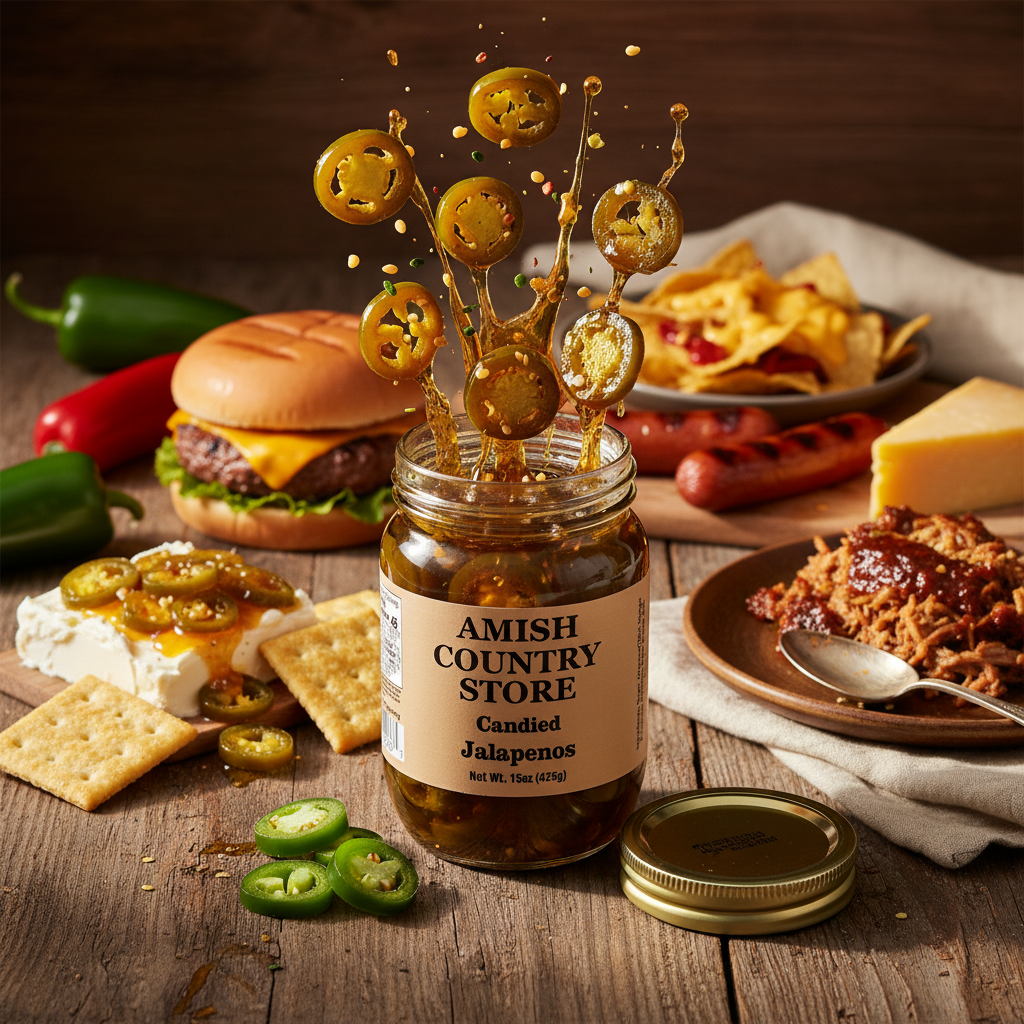 Canned candied jalapenos in a 16 oz jar from Amish Country Store, showcasing glossy, sweet and spicy jalapenos in syrup.