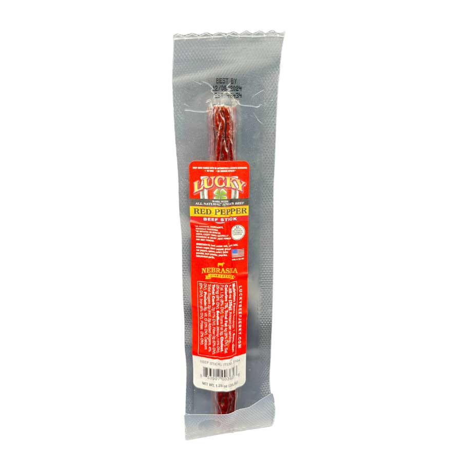 Red Pepper Beef Stick from Nebraska Star Beef, 1.25 oz, displayed in a candlepack for savory snack enjoyment.