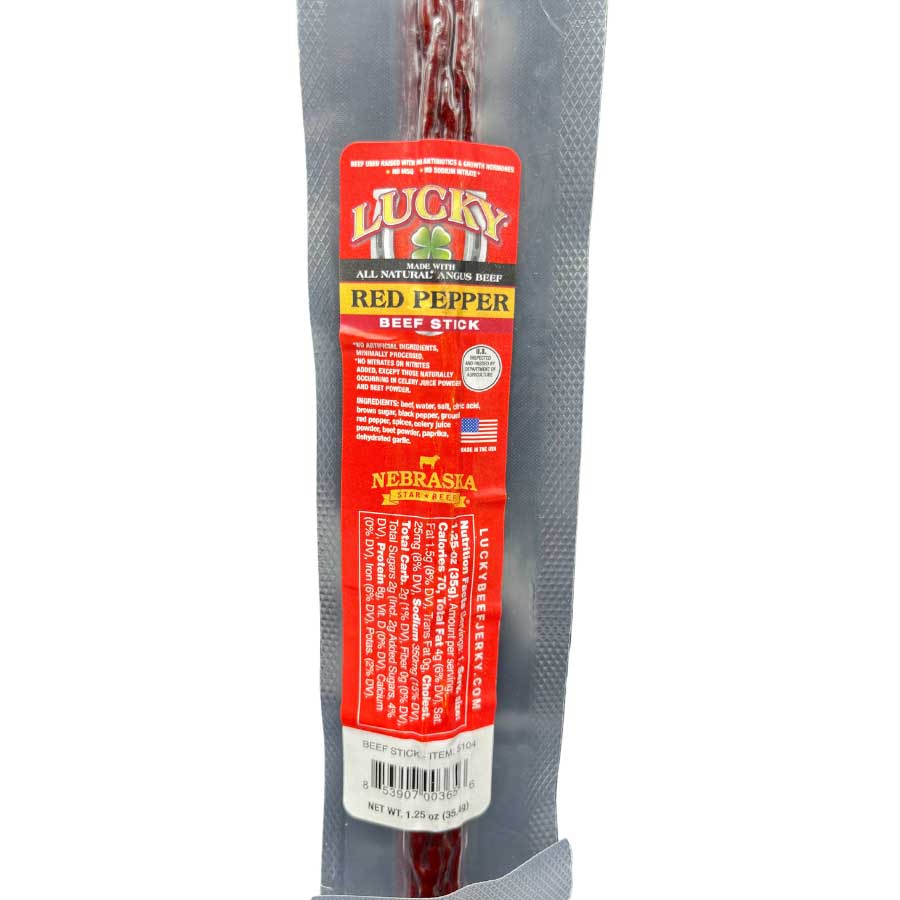 Red Pepper Beef Stick from Nebraska Star Beef, 1.25 oz, showing a spicy beef snack with red pepper seasoning.