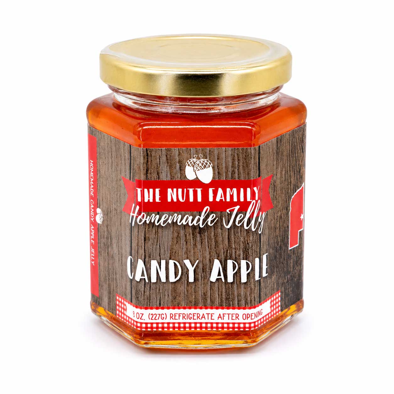 Sweet Candy Apple Jelly in a 9 oz jar, showcasing glossy red jelly with a label, from Nutt Family Jams & Jellies.