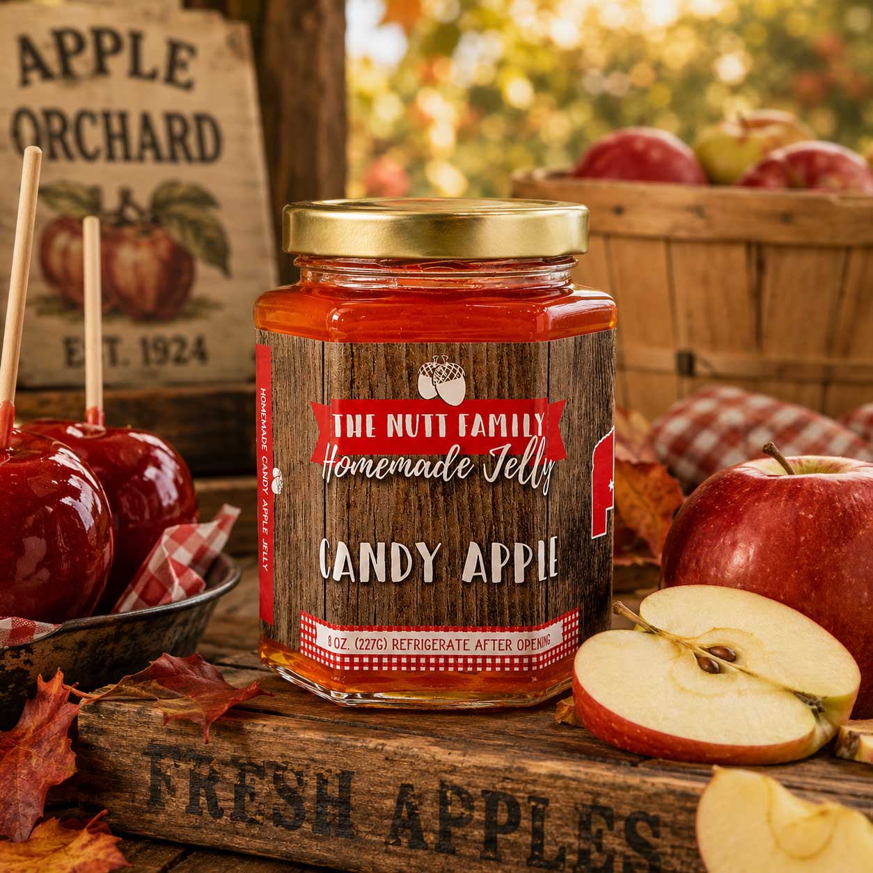 9 oz jar of Candy Apple Jelly from Nutt Family Jams & Jellies, featuring a colorful label with apple-themed design.