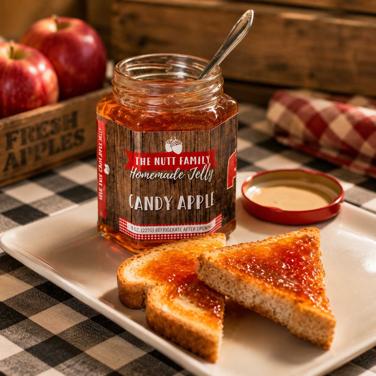 Sweet Candy Apple Jelly in a 9 oz jar by Nutt Family Jams & Jellies, featuring a glossy, amber-colored fruit spread.