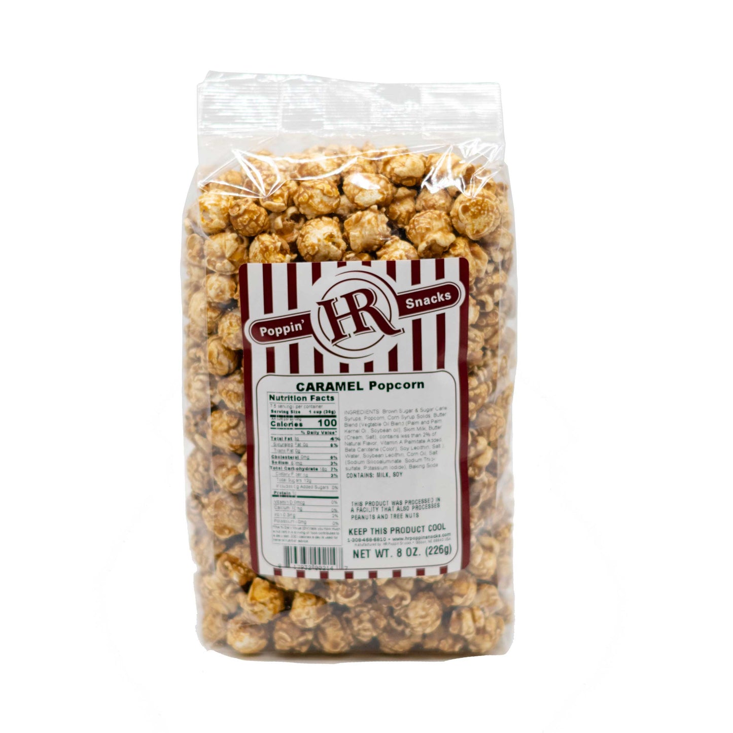 Sweet caramel popcorn in an 8 oz bag from HR Poppin' Snacks, featuring golden caramel-coated popcorn pieces.