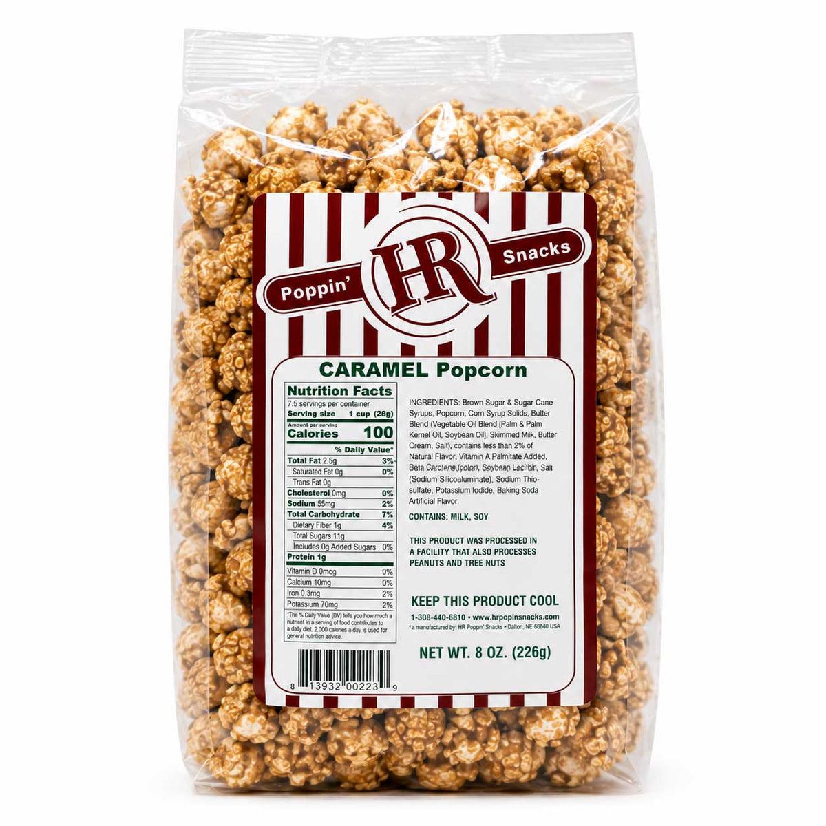 Sweet caramel popcorn in an 8 oz bag from HR Poppin' Snacks, featuring golden caramel-coated popcorn pieces.