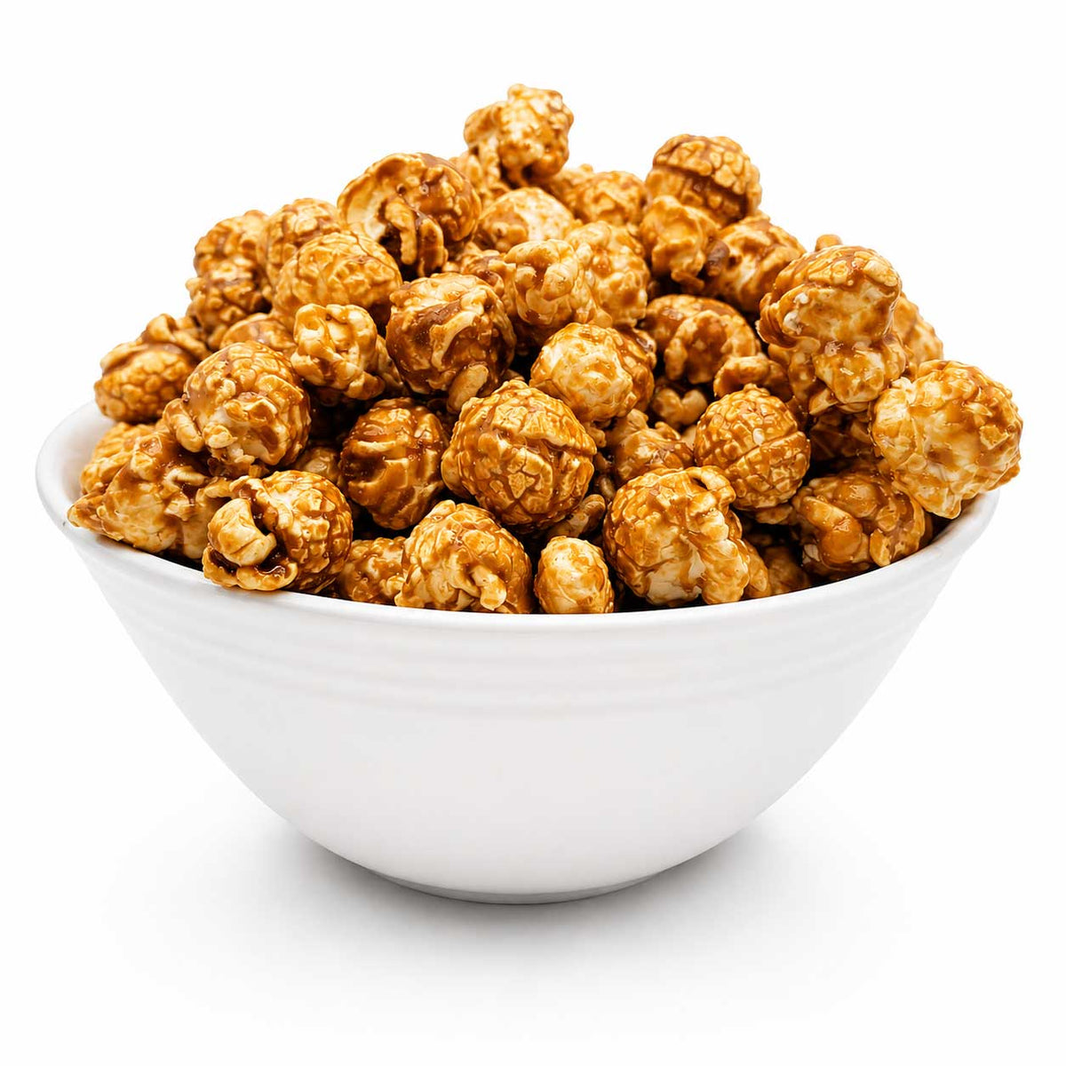 Sweet caramel popcorn in an 8 oz bag from HR Poppin' Snacks, with golden caramel-coated popcorn pieces visible.