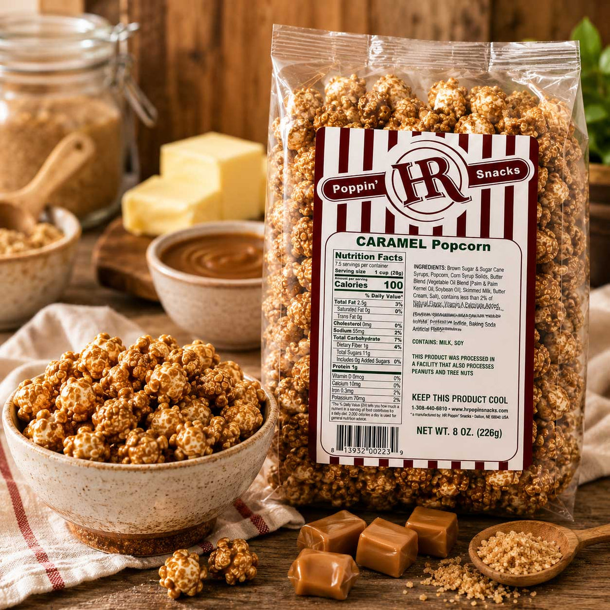 Sweet caramel popcorn in an 8 oz bag from HR Poppin' Snacks, featuring golden caramel-coated popcorn kernels.
