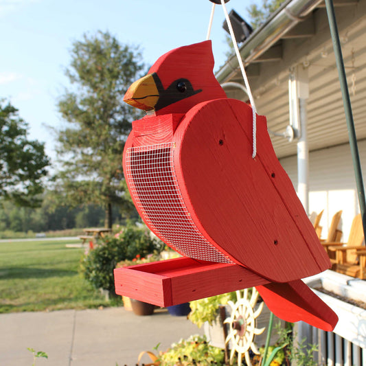 Amish-made wooden bird feeder shaped like a cardinal, handcrafted garden decor perfect for attracting birds to your yard
