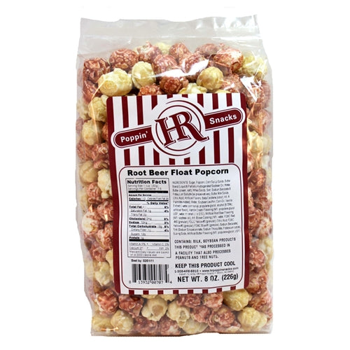 Root Beer Float popcorn snack from HR Poppin' Snacks in an 8 oz bag, with colorful packaging and popcorn visible.