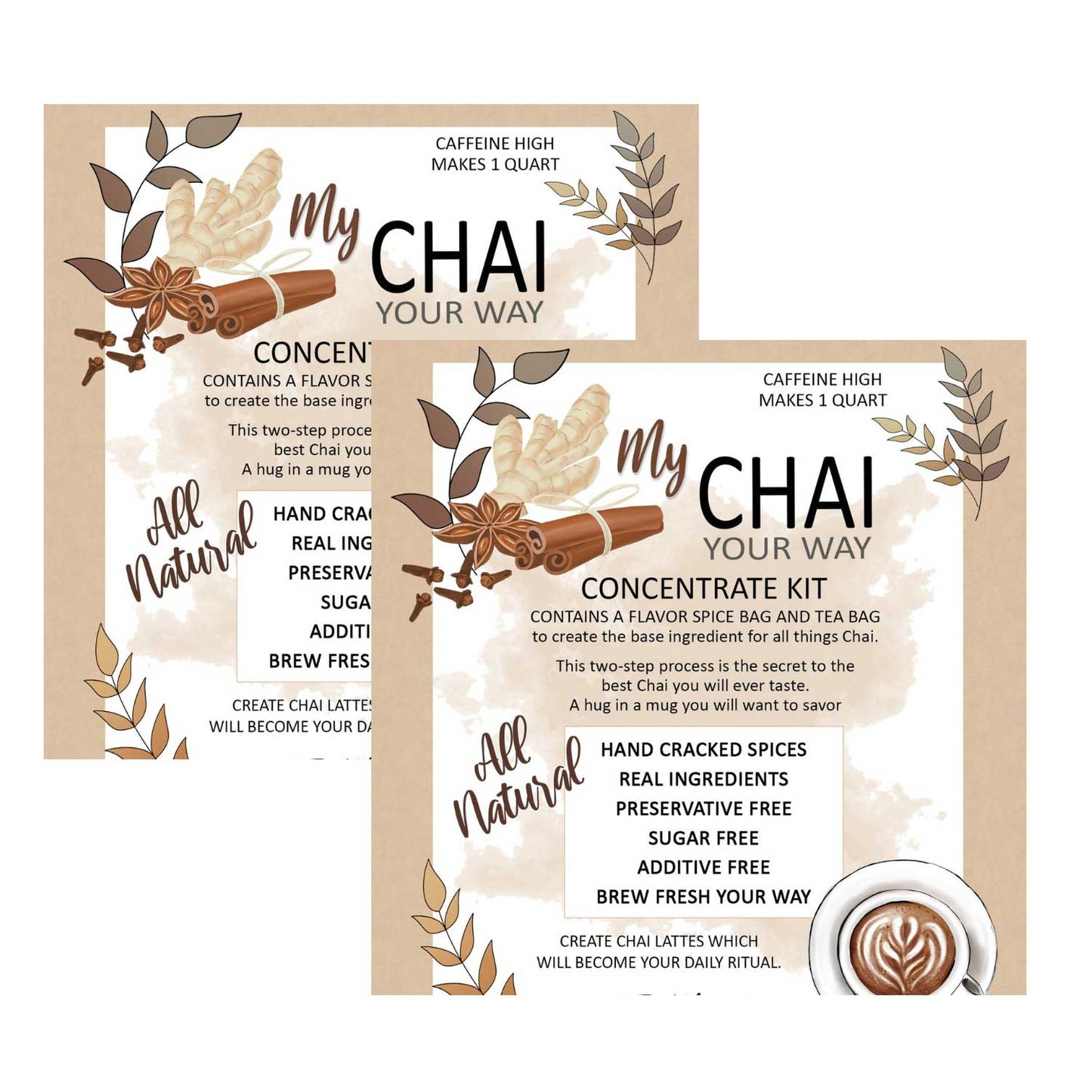 Two DIY Chai Tea Kits from Tea n More, featuring spices and ingredients for homemade chai tea preparation.