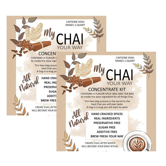 Two DIY Chai Tea Kits from Tea n More, featuring spice blends and tea ingredients for homemade chai preparation.