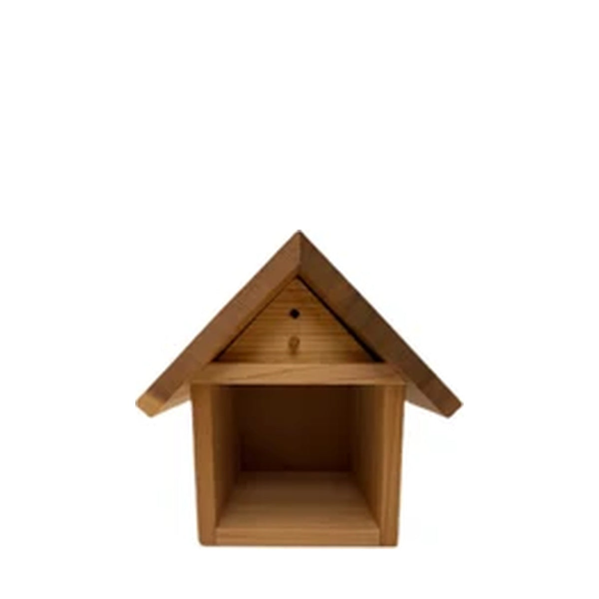 Cedar bee house Chalet by CrownBees with multiple nesting tubes for solitary bees, set outdoors on a wooden stand