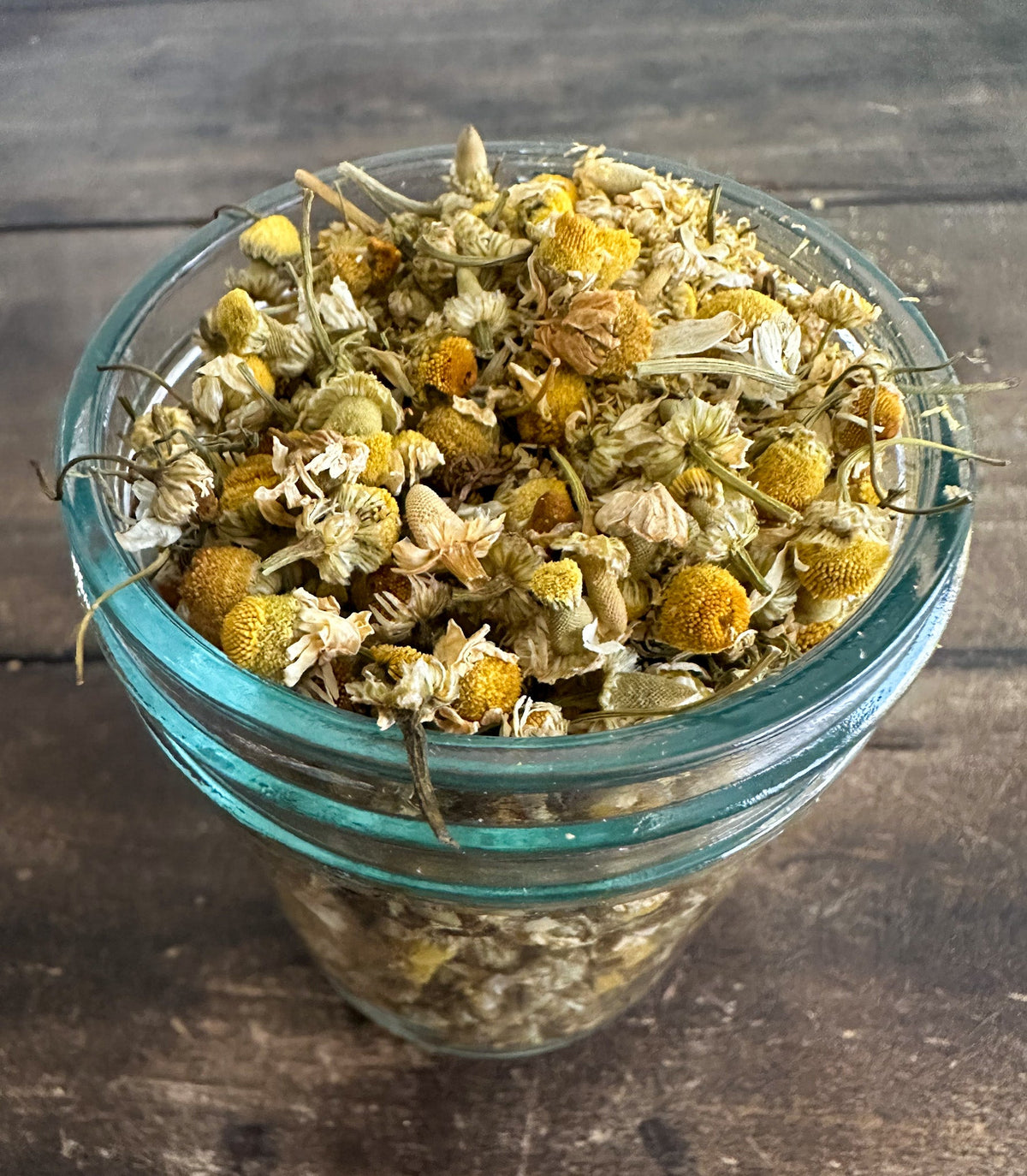 Small jar of dried chamomile herbs in a herbalroseapothecary herb jar, showing dried chamomile flowers inside.