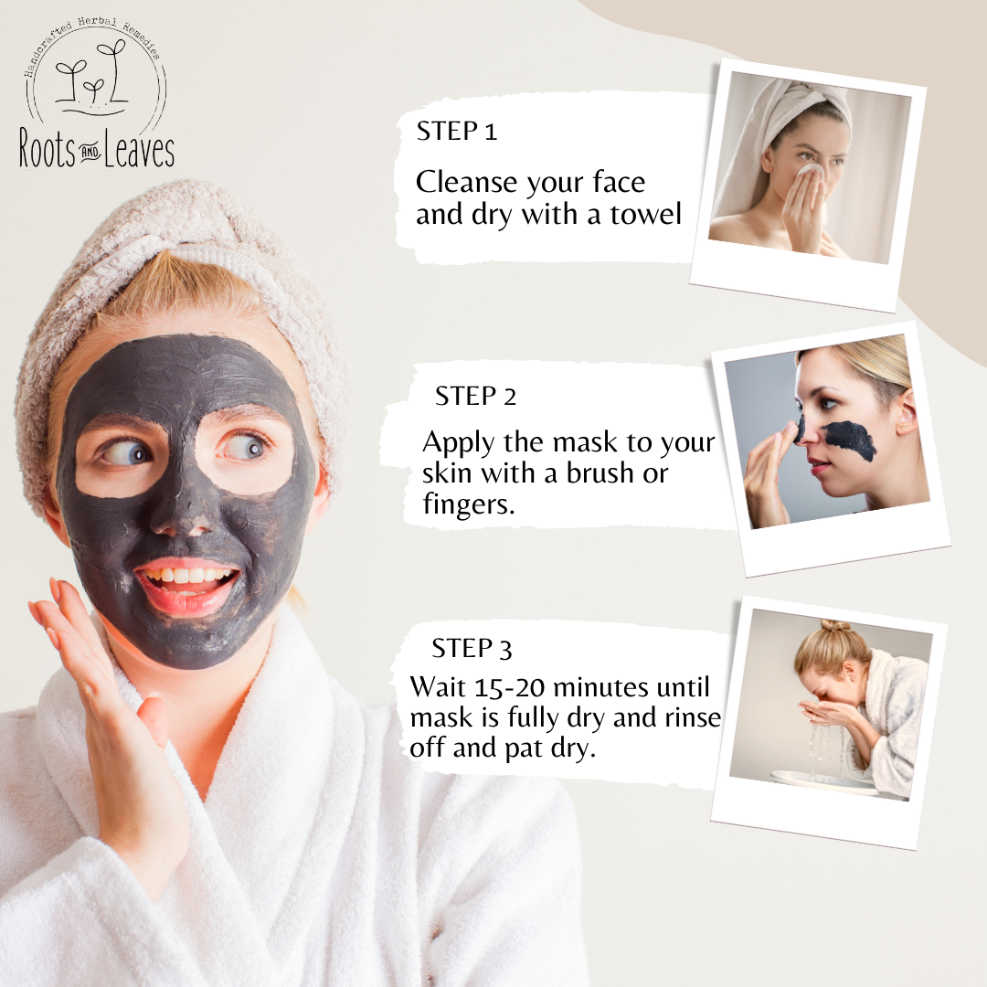 Roots and Leaves LLC charcoal detox face mask being applied to clean skin for deep cleansing and pore purification.